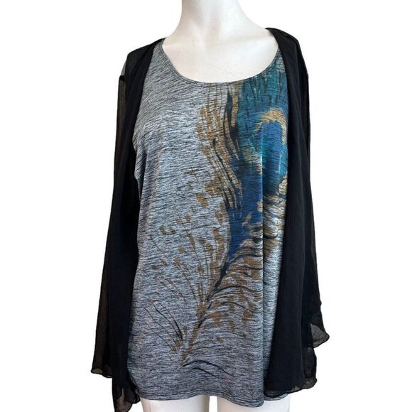 Ladies Large One Piece Blouse Peacock Feather Attached Cardigan Sheer Sleeves - Picture 1 of 8